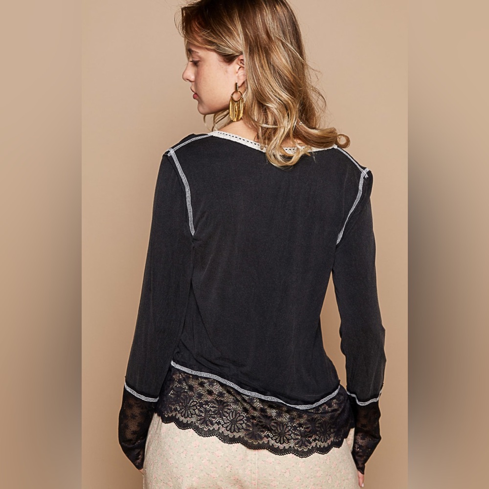 POL Black Henley Top Lace Sleeves - Picture 2 of 5